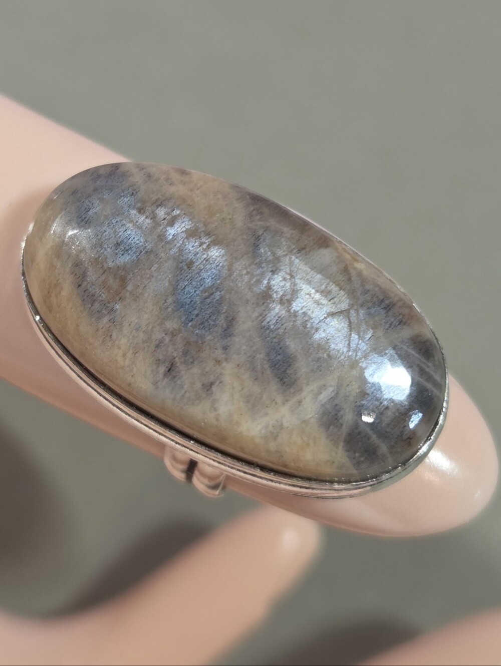 Beautiful Natural Chocolate Moonstone Bezeled Gemstone Ring/ Silver Overlay